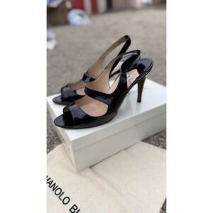 Manolo Blahnik Black Patent Slingback Heels Open Toe Size 35.5 Italy